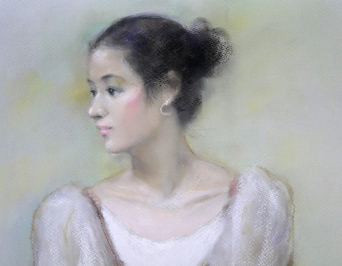 矢野喜久男「赤いベスト」パステル画・10号 拡大画像1