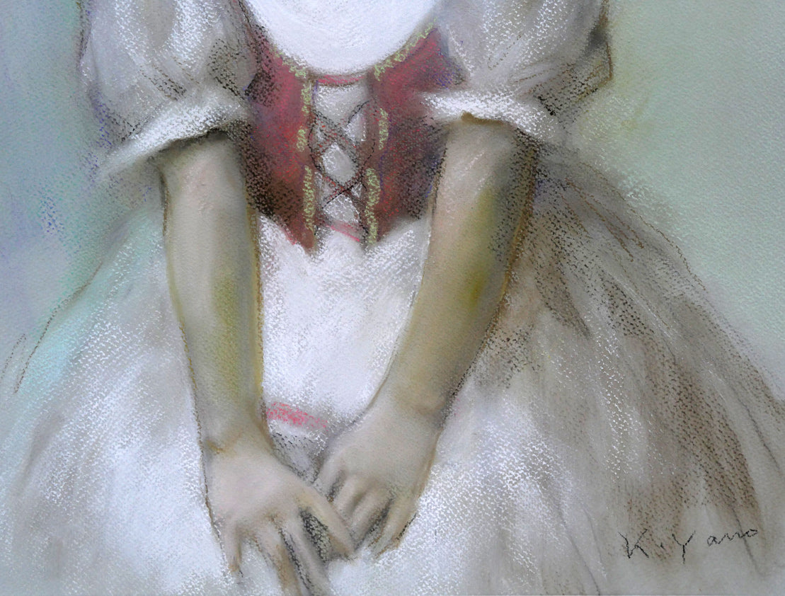 矢野喜久男「赤いベスト」パステル画・10号 拡大画像4