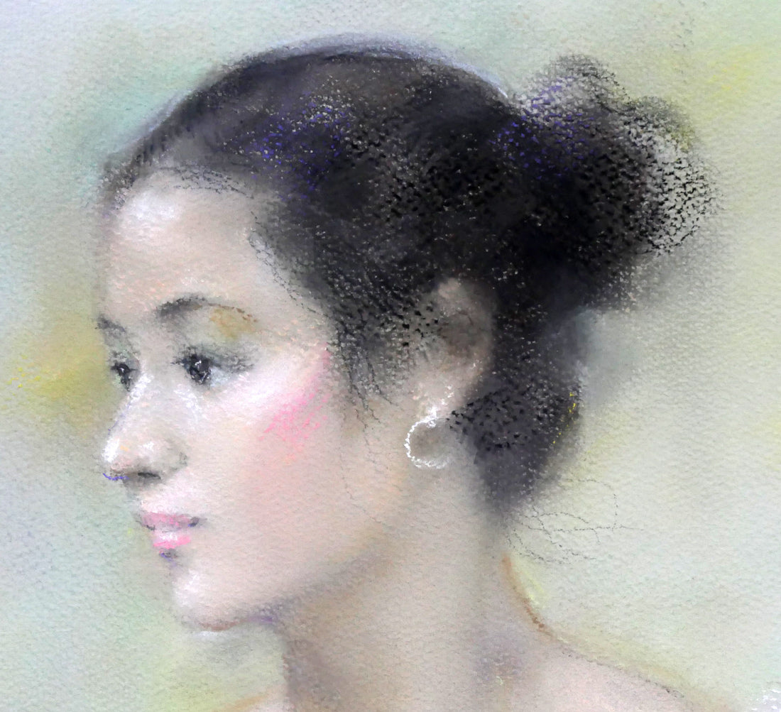 矢野喜久男「赤いベスト」パステル画・10号 拡大画像2