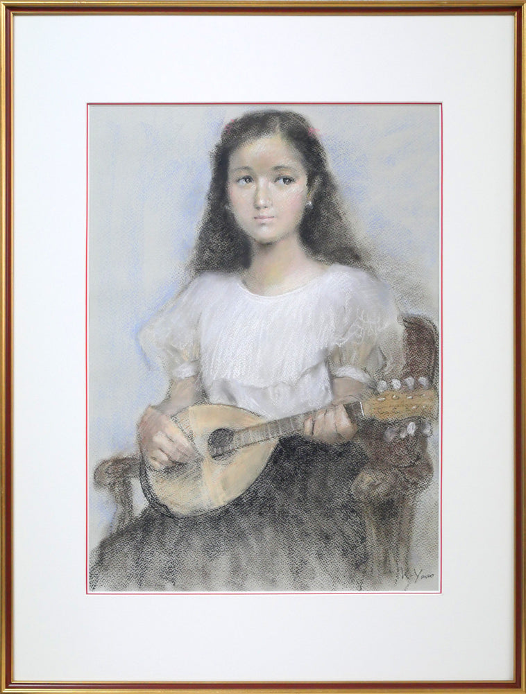 矢野喜久男「マンダリンを持つ乙女」パステル画・10号