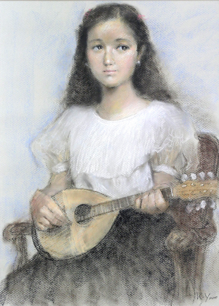 矢野喜久男「マンダリンを持つ乙女」パステル画・10号 作品全体拡大画像