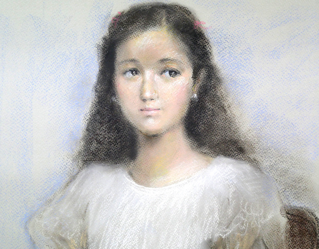 矢野喜久男「マンダリンを持つ乙女」パステル画・10号 拡大画像1