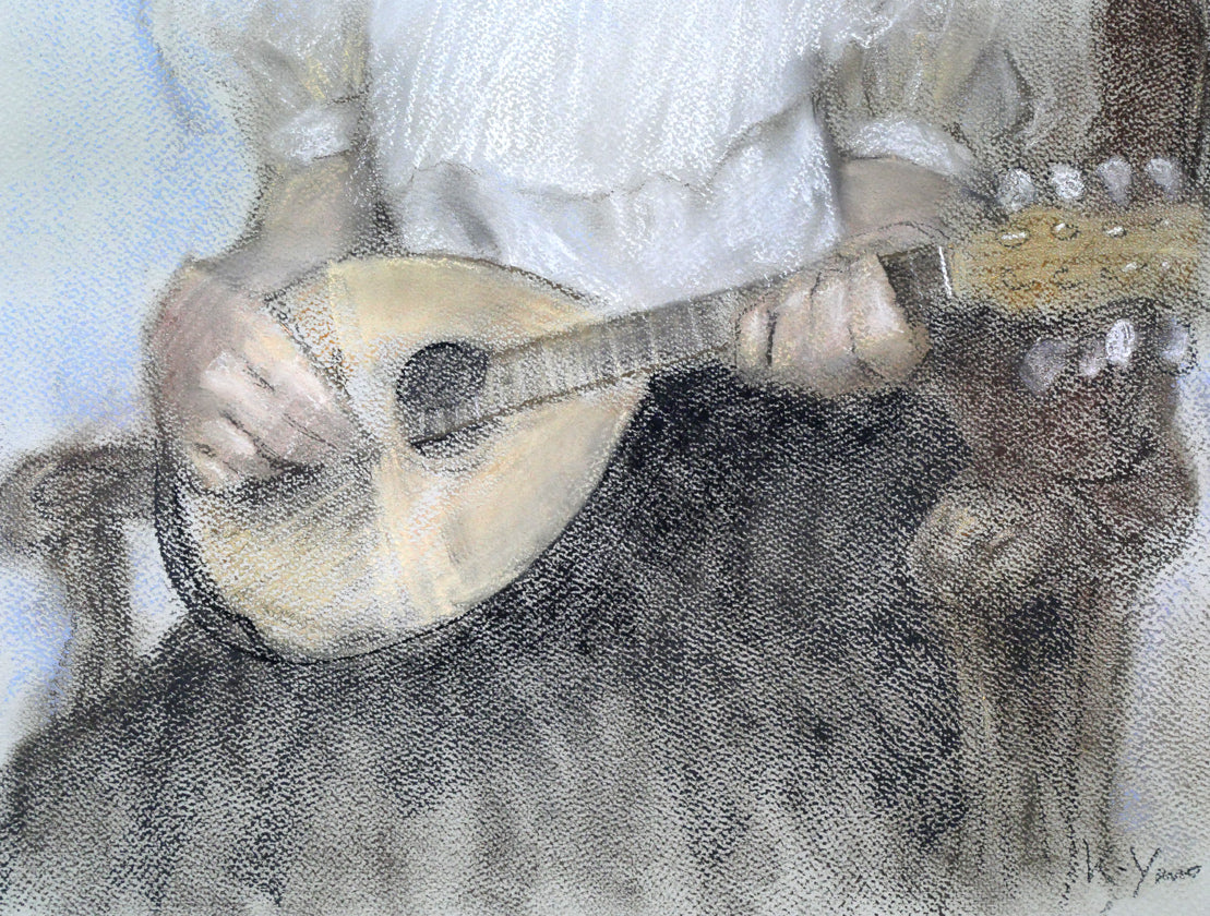 矢野喜久男「マンダリンを持つ乙女」パステル画・10号 拡大画像4