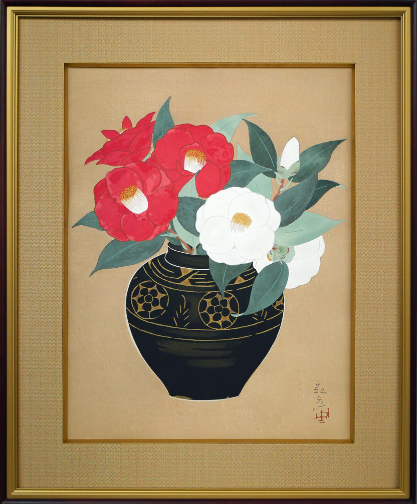 安田靫彦「紅白椿」木版画