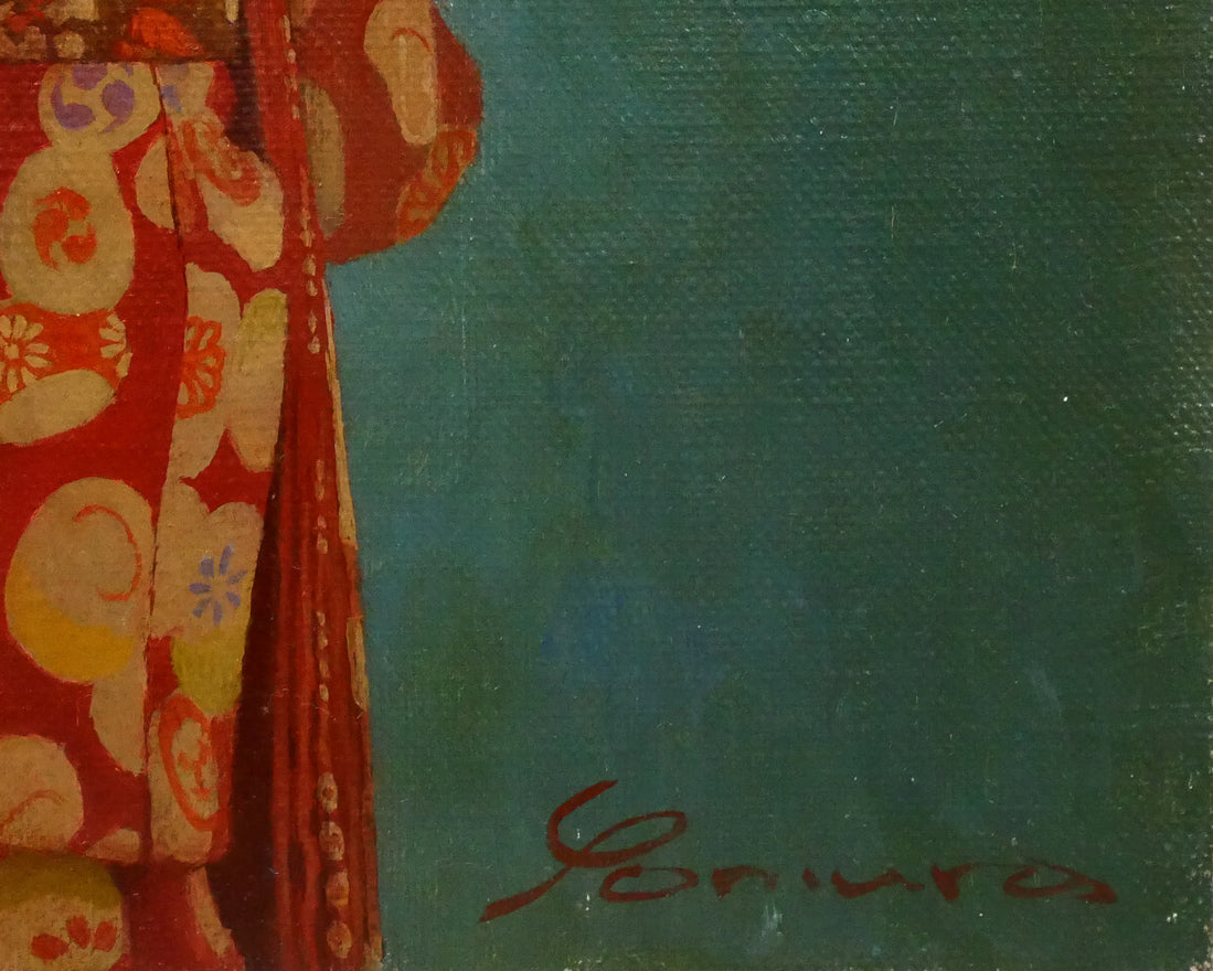 余村展「人形(市松人形)(白額)」油絵・F6号 サイン拡大画像