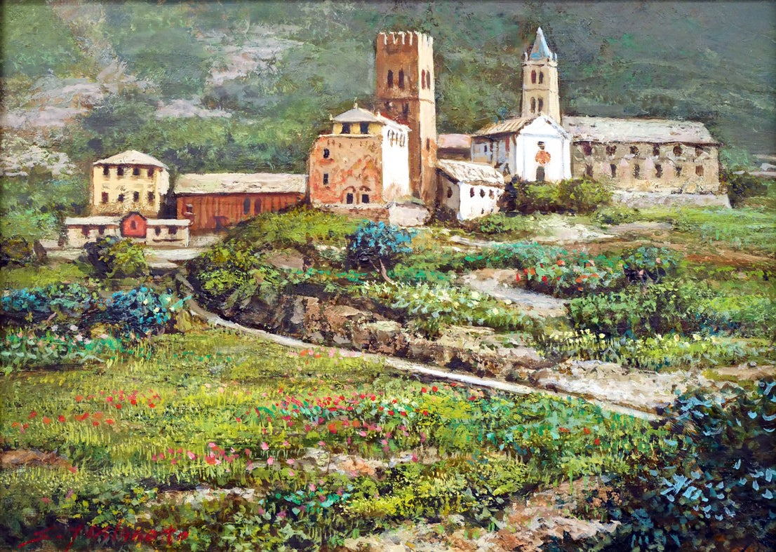 吉本哲「北イタリアの山岳(チェルビーノ近郊)」油絵・F4号 作品全体画像