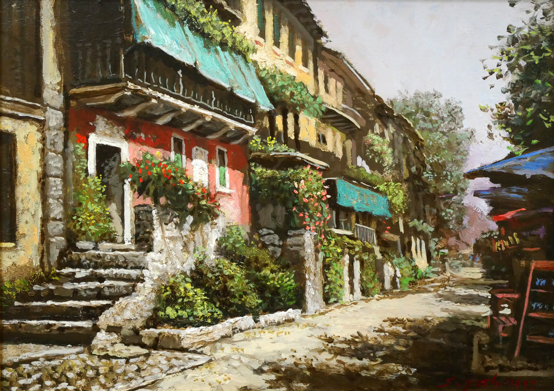 吉本哲「湖畔の小道(イタリア マッジョーレ湖 ペスカトーリ島)」油絵・F4号 作品全体画像