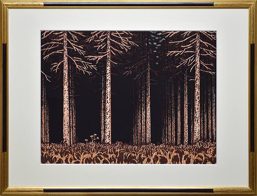 阿部 貞夫「支笏湖附近の落葉林」木版画・昭和39年12月号「財界さっぽろ」表紙絵原画