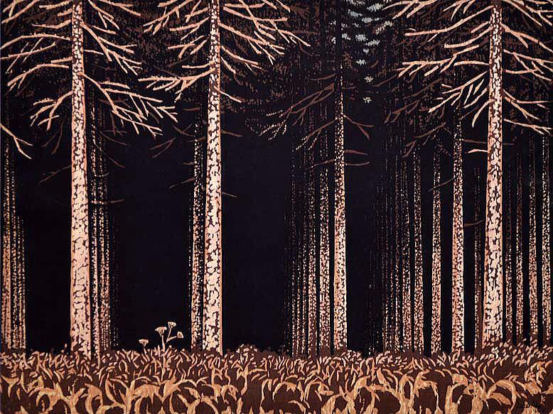 阿部 貞夫「支笏湖附近の落葉林」木版画・昭和39年12月号「財界さっぽろ」表紙絵原画 拡大部分