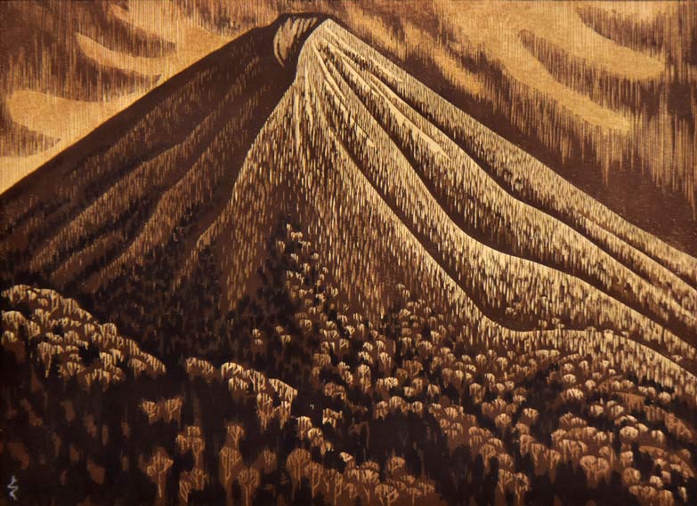 阿部貞夫「夕照(雄阿寒岳)」木版画 作品全体拡大画像