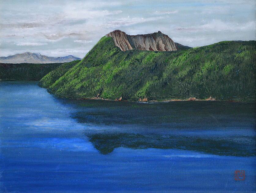 赤澤 白翠「摩周湖(北海道)」日本画・F6号 拡大部分