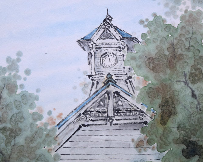 赤澤白翠「札幌風景・時計台」水彩画 拡大画像2