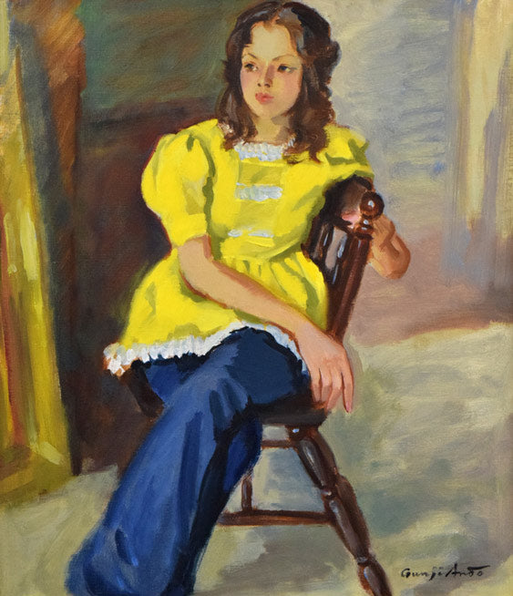 安藤軍治「黄色い服」油絵・F10号 作品全体拡大画像