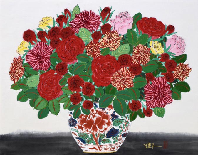 青木乃里子「薔薇」肉筆岩彩画・変形12号 作品全体拡大画像