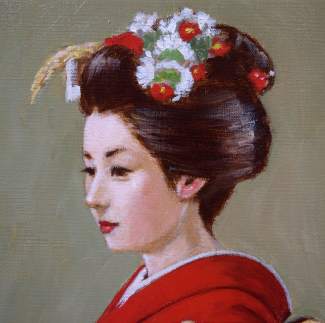 荒木義太郎「新春の舞妓」油絵・F4号 拡大画像1