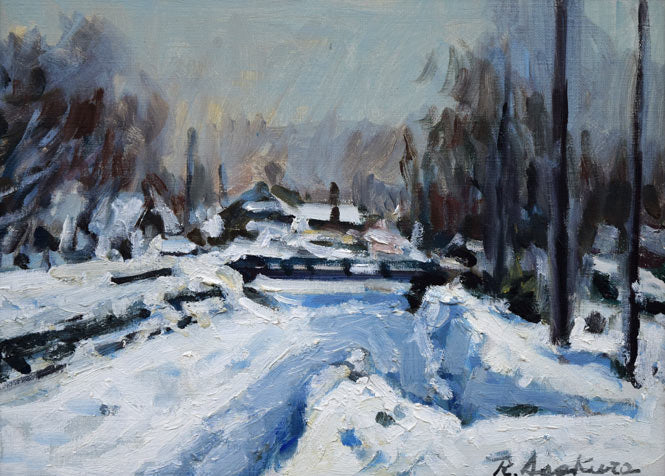 朝倉力男「堀割の雪」油絵・F4号 作品全体拡大画像