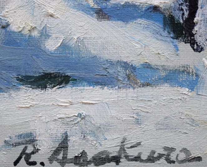朝倉力男「堀割の雪」油絵・F4号 サイン拡大画像