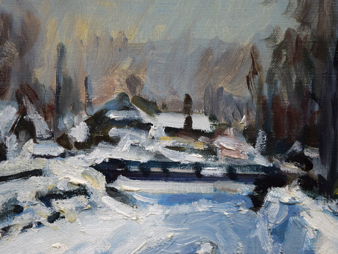 朝倉力男「堀割の雪」油絵・F4号 拡大画像1