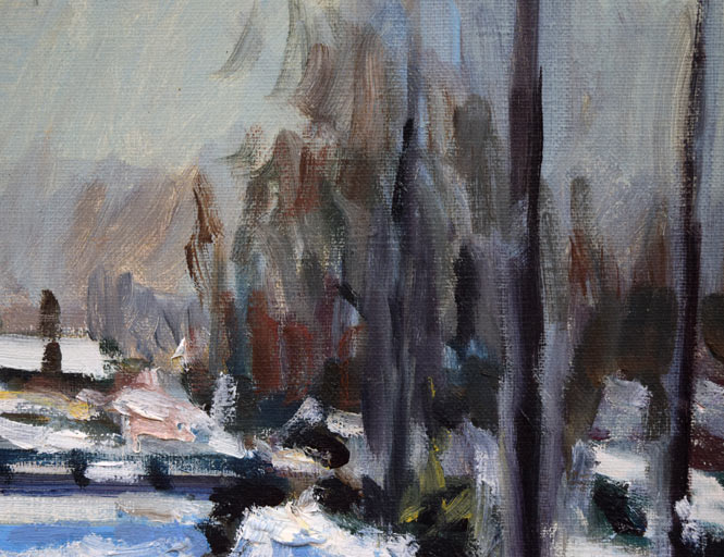 朝倉力男「堀割の雪」油絵・F4号 拡大画像3