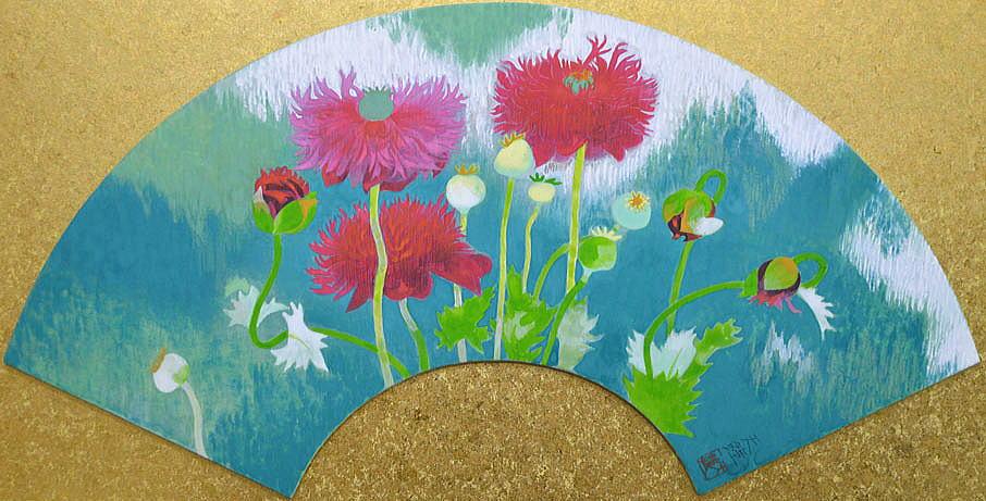 浅野 天鐘「けし」日本画・扇面・共シール 拡大部分