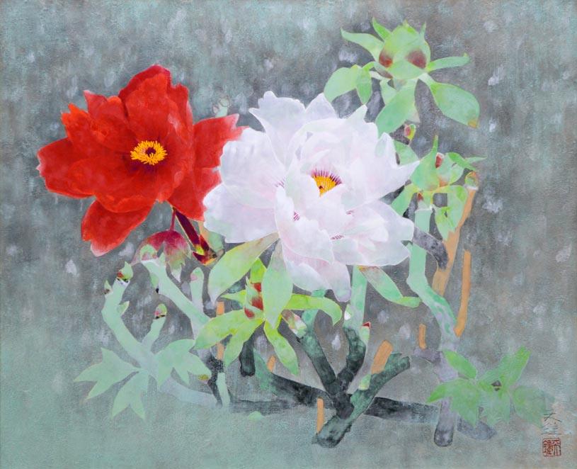 浅野天鐘「冬牡丹」日本画・F12号 拡大部分