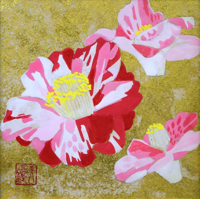 浅野天鐘「散椿(チリツバキ)」日本画・ミニチュアサイズ 作品全体拡大画像