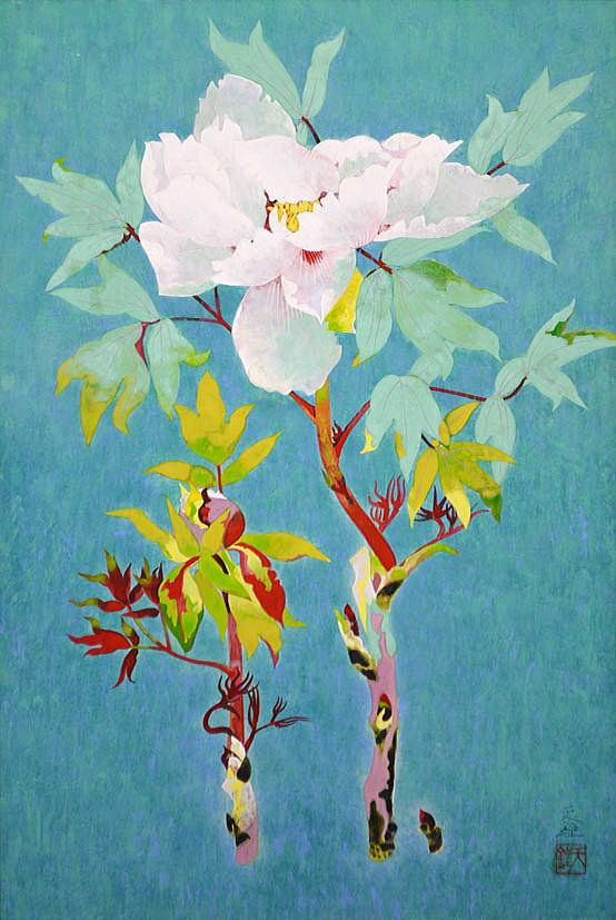 浅野 天鐘「冬牡丹」日本画・M12号・共シール 拡大部分