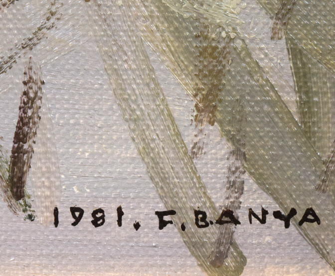 萬谷藤男「岬（北海道風景）」油絵・F6号　年記（1981年作）、サイン拡大画像
