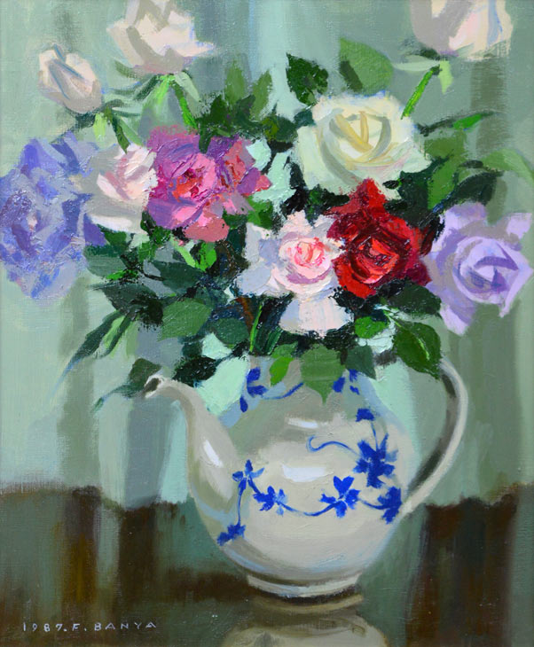 萬谷藤男「ばら」油絵・F8号 作品全体拡大画像