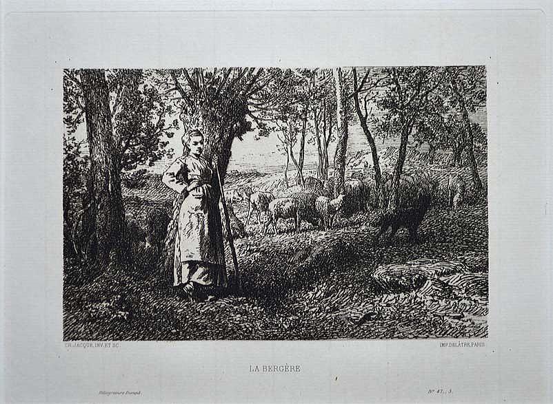 シャルル=エミール ジャック(Charles-Émile JACQUE)「羊飼い」エッチング(銅版画) 作品全体拡大画像
