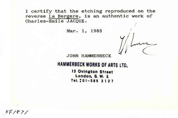 シャルル=エミール ジャック(Charles-Émile JACQUE)「羊飼い」エッチング(銅版画) 作品証明書画像3