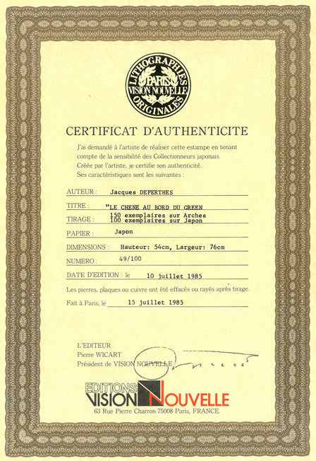 ジャック・デペルト(Jacques DEPERTHES)「樫の木のあるグリーン」リトグラフ 作品保証書画像
