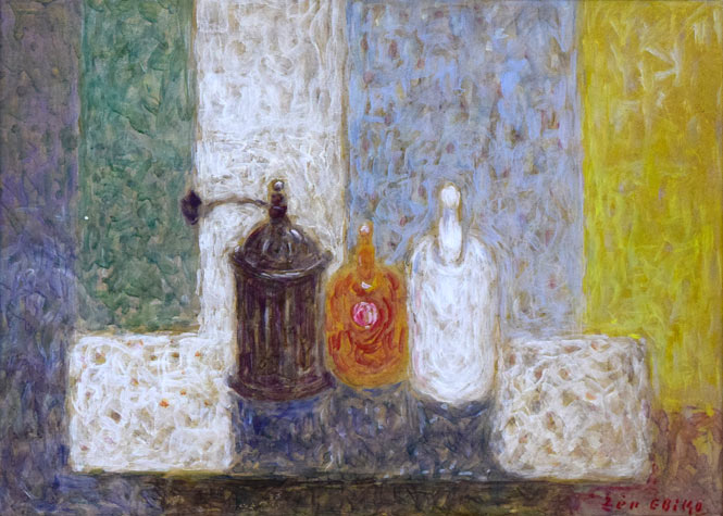 蛯子善悦「コーヒー挽きのある静物」油絵・P8号 サイン拡大画像