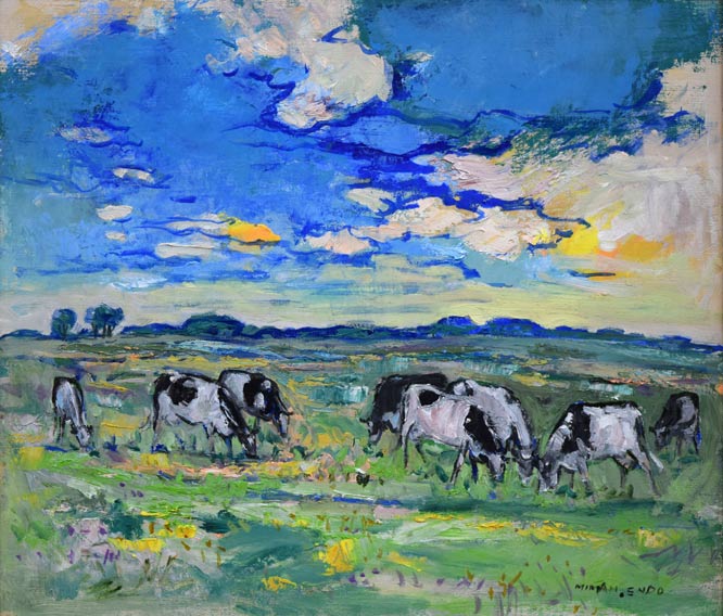 遠藤ミマン「牛のいる風景」油絵・F10号　作品全体拡大画像