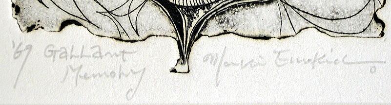 榎戸 真喜「ギャラントメモリー」エッチング・1969年作 タイトル部分(Gallant Memory)、鉛筆サイン部分(Maki Enokido)