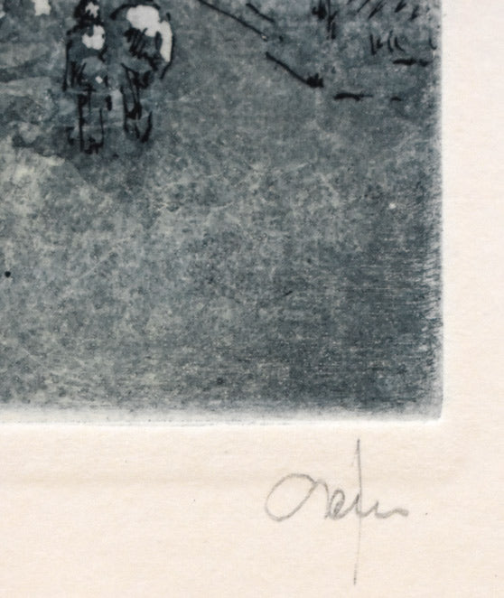 ジョルジオ・フェラーリ「塔のある風景」銅版画　本人直筆鉛筆サイン部分