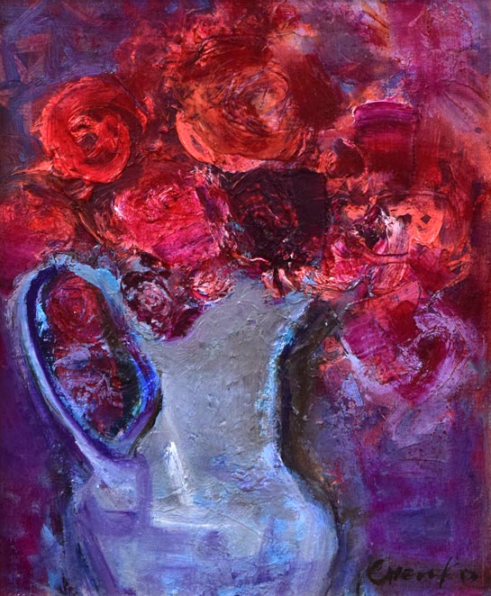 藤野千鶴子「ばら」油絵・F3号 作品全体拡大画像