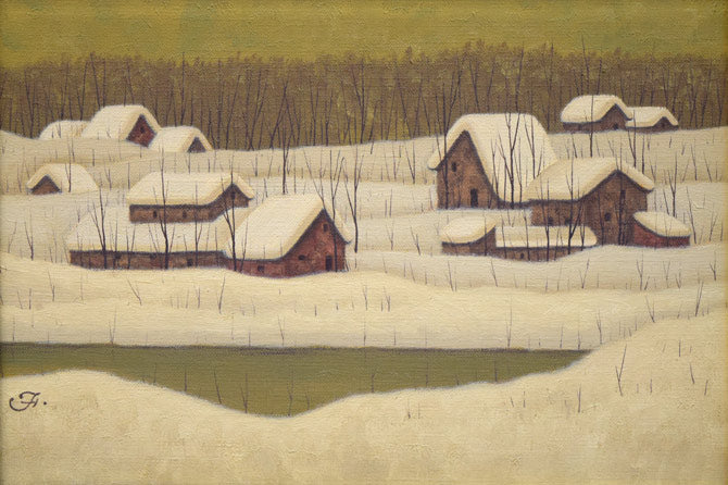 福井良之助「冬の部落」油絵・SM 作品全体拡大画像