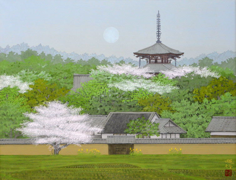 船橋穏行「斑鳩の春」日本画・P15号　全体拡大部分