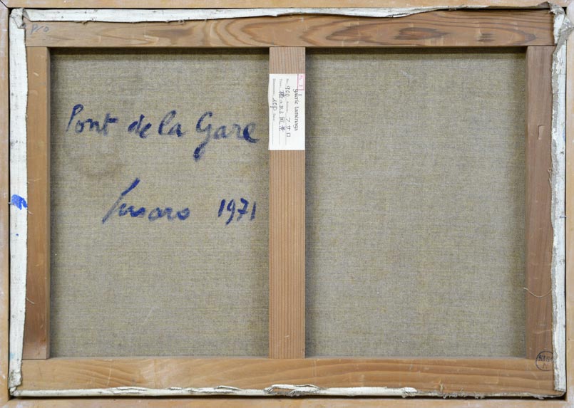 ジャン・フサロ「橋のある風景」油絵・仏P10号・1971年作・「ギャルリーためなが」シール 裏書き部分