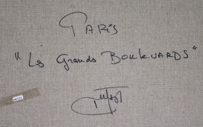 ギィ・デサップ「パリ、グラン・プルバール」油絵・仏F15号 裏書き拡大画像1