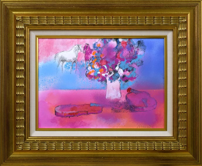 ポール・ギヤマン(Paul Guiramand)「2頭の馬と2つのバイオリン」グアッシュ(水彩画)