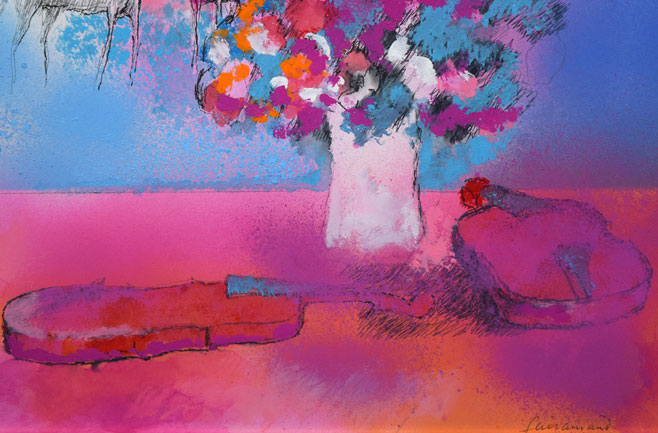 ポール・ギヤマン(Paul Guiramand)「2頭の馬と2つのバイオリン」グアッシュ(水彩画) 拡大画像3