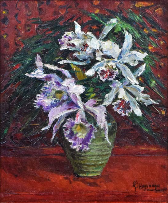 萩谷巌「蘭花図」油絵・F8号 作品全体拡大画像