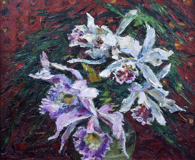 萩谷巌「蘭花図」油絵・F8号 拡大画像1