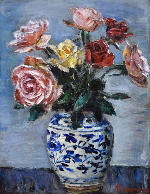 萩谷巌「静物画(ばら)」油絵・F6号 作品全体拡大画像