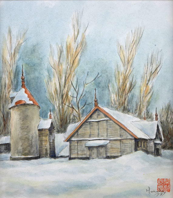 花田弥一「サイロのある風景」水彩画 作品全体拡大画像