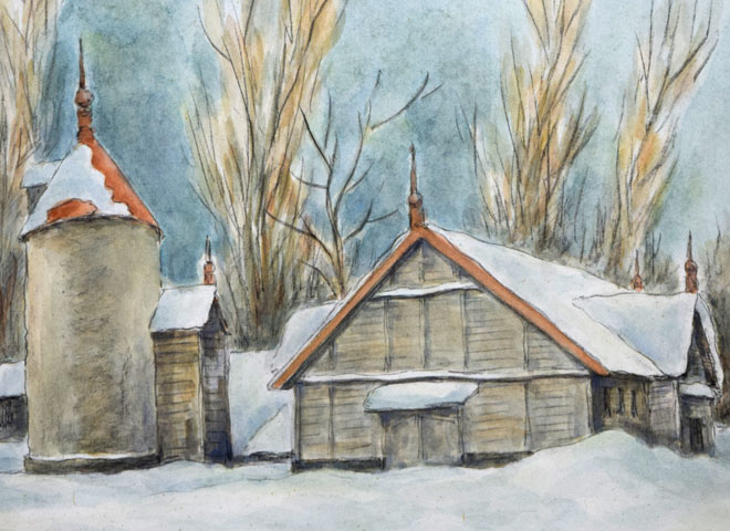 花田弥一「サイロのある風景」水彩画 拡大画像1