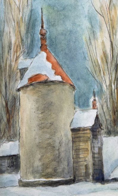 花田弥一「サイロのある風景」水彩画 拡大画像2