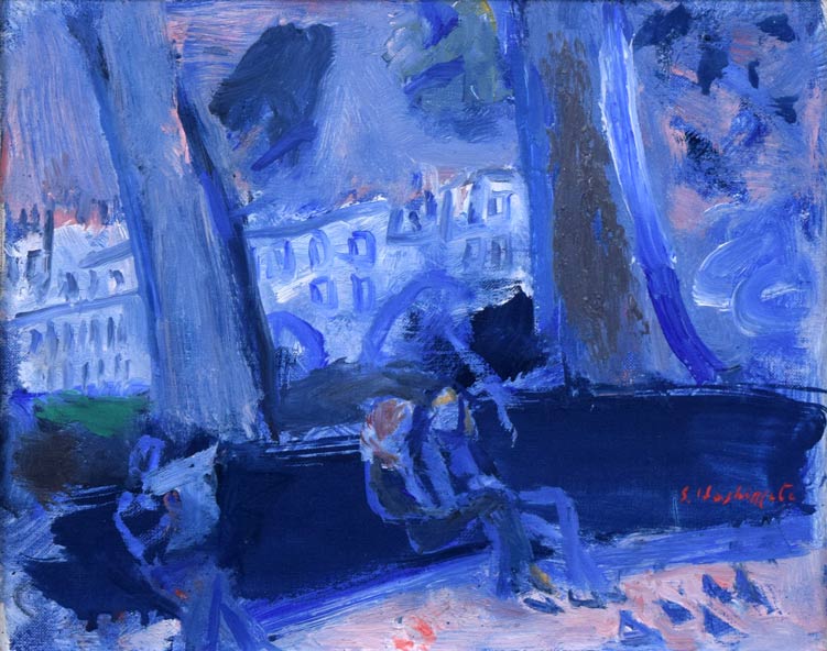 橋本三郎「アベックと鳩」油絵・F3号 作品全体拡大画像